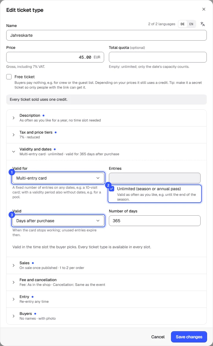 Validity and dates section of an annual pass: multi-entry card, unlimited ticked, valid 365 days after purchase