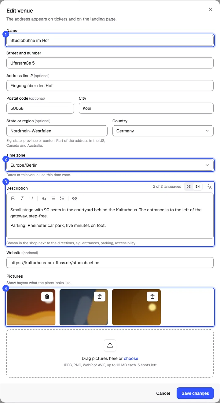 Edit venue dialog with name, address, country, time zone, description, website and three pictures