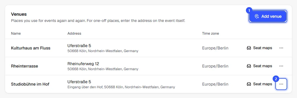 List of venues with name, address and time zone, a Seat maps button and a menu in each row, and the Add venue button at the top