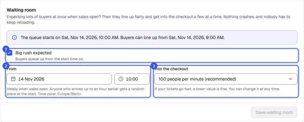 Waiting room card with a note on when the queue starts, the Big rush expected checkbox, the start time and the rate of 100 people per minute