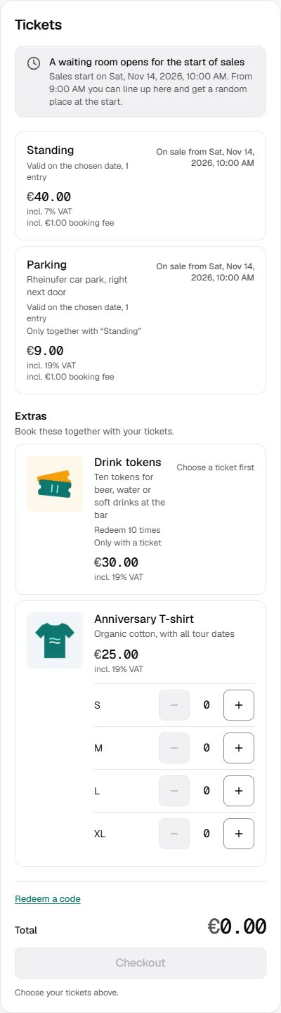 Ticket selection in the shop with the note A waiting room opens when sales start, the start date and from when people can line up