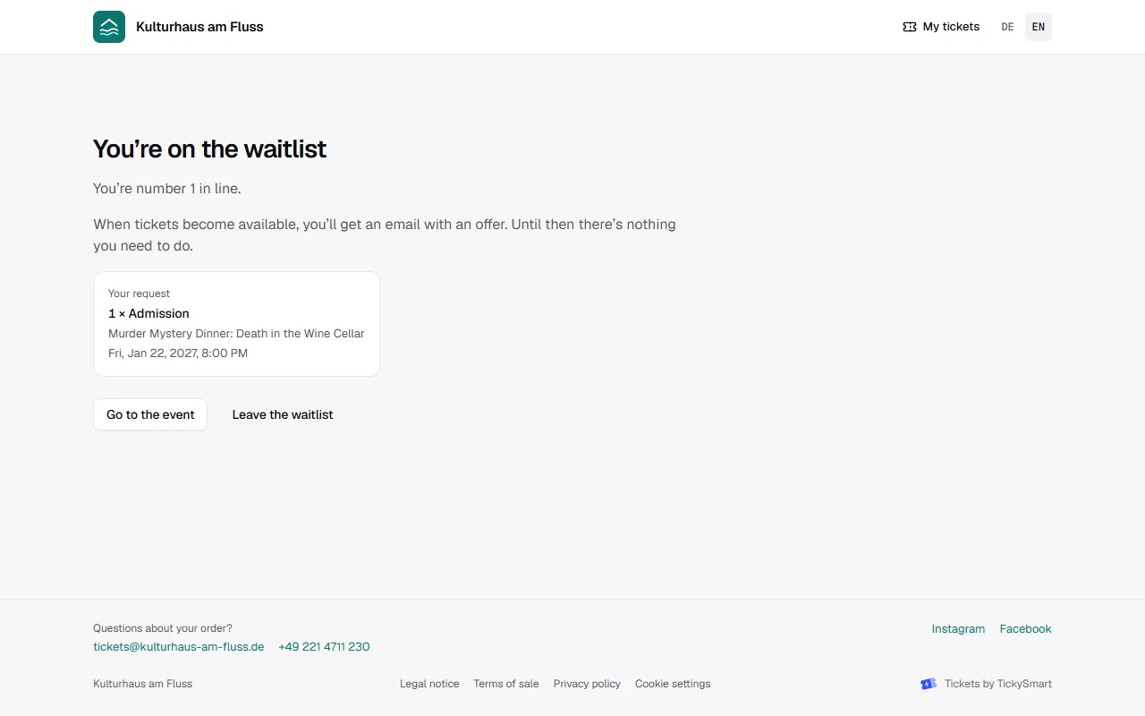 Waitlist page in the shop: You're on the waitlist, position 1, with the request and the button to leave