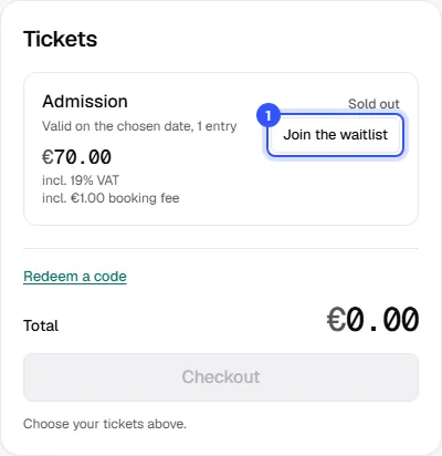 Ticket selection in the shop with the sold-out Admission ticket type and the Join the waitlist button
