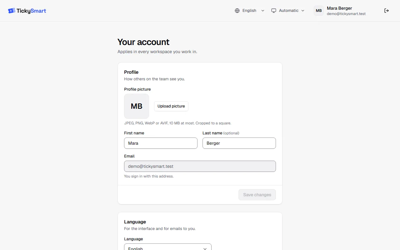 Your account page with profile picture, first name, last name and email address