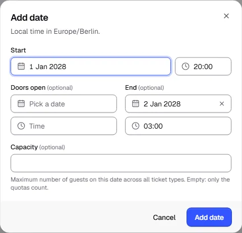 Add date dialog with start, doors open, end and capacity