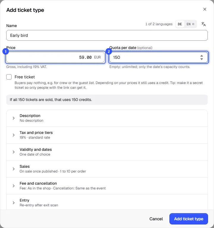 Add ticket type dialog with name, price, quota per date and further sections