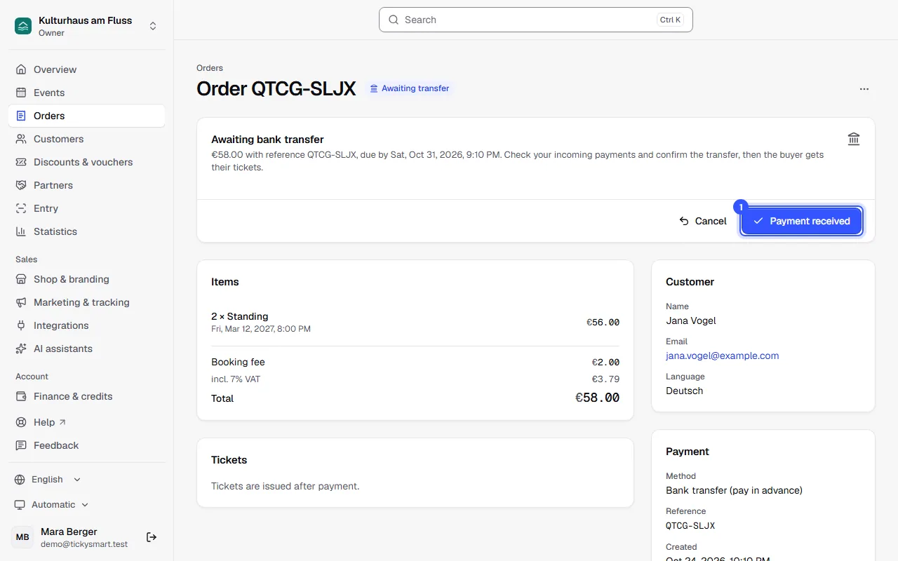 Order with the status Awaiting transfer, amount, reference and deadline, and the Cancel and Payment received buttons
