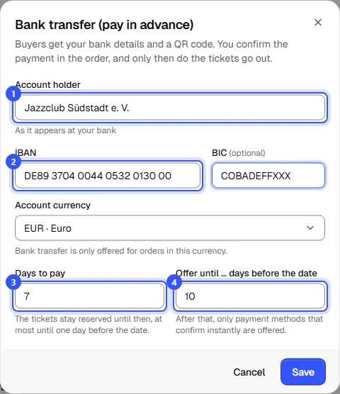 Bank transfer dialog with account holder, IBAN, BIC, account currency, days to pay and the cut-off before the date