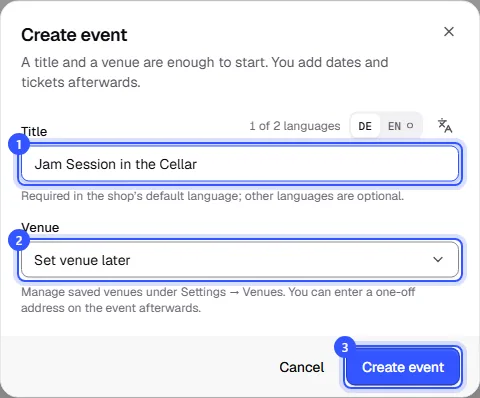 Create event dialog with title, venue selection and the Create event button