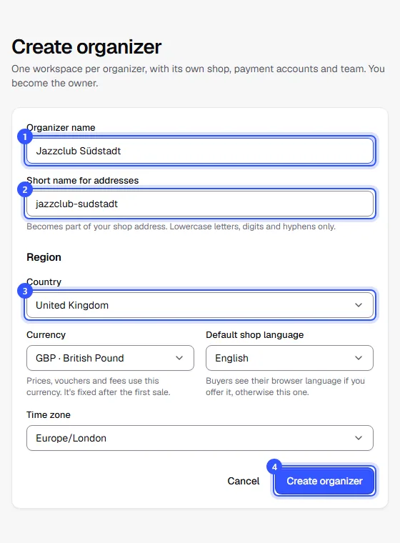 Create organizer form with name, short name for addresses, country, currency, default shop language and time zone