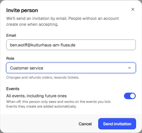 Invite person dialog with an email address, the Customer service role and the All events, including future ones switch turned on