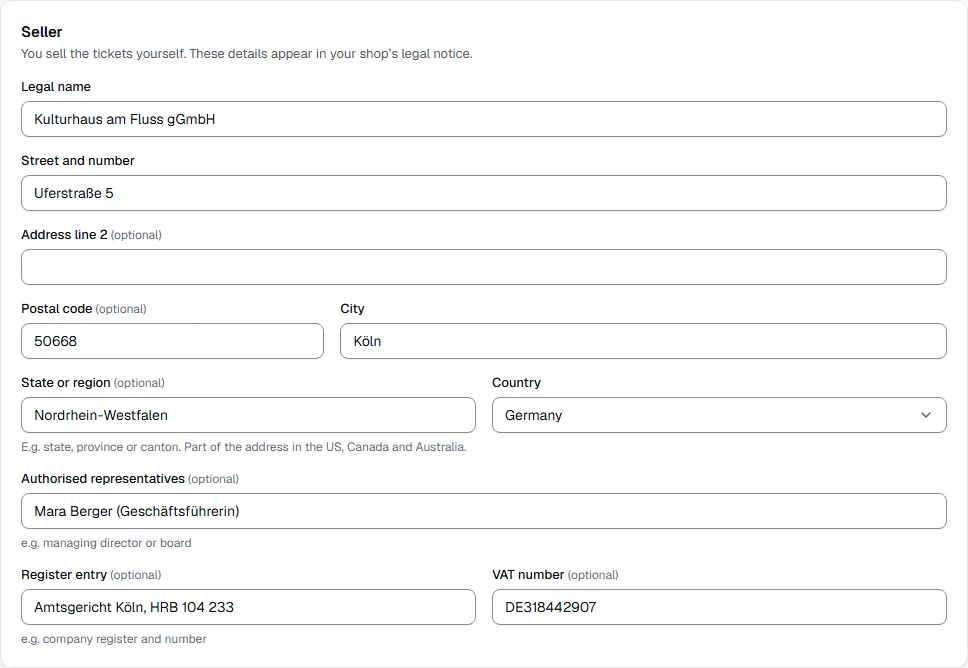 Completed seller details with legal name, address, authorised representatives, register entry and VAT number