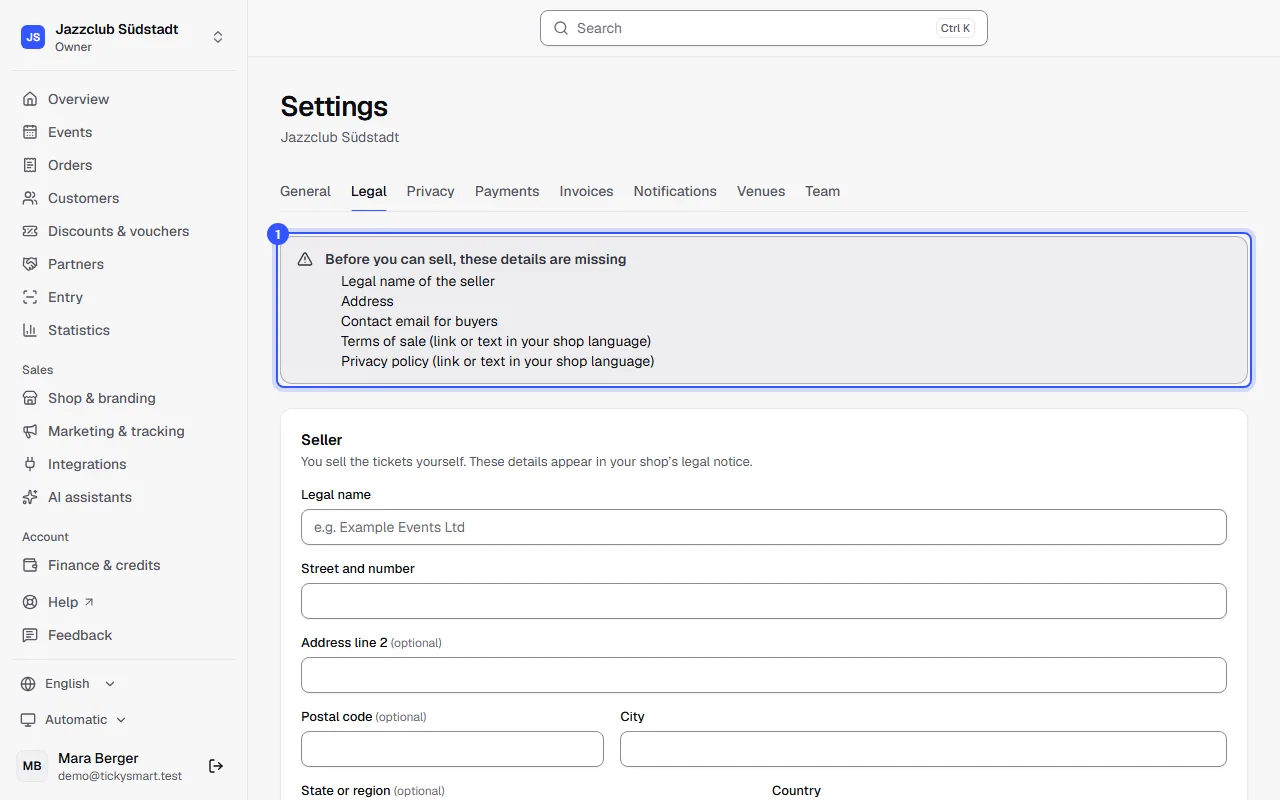Settings, Legal section, with a notice listing the details still missing before you can sell