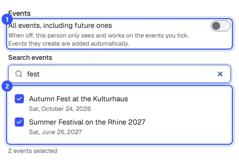 Events selection with the All events, including future ones switch turned off, a search for fest and the two ticked events Autumn Fest at the Kulturhaus and Summer Festival on the Rhine