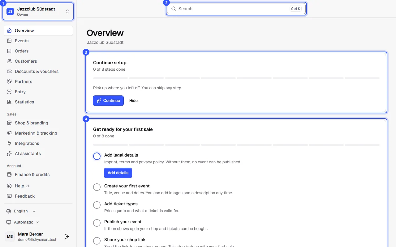 Overview of a new workspace with the sidebar, the search field at the top, the Continue setup card and the checklist for the first sale