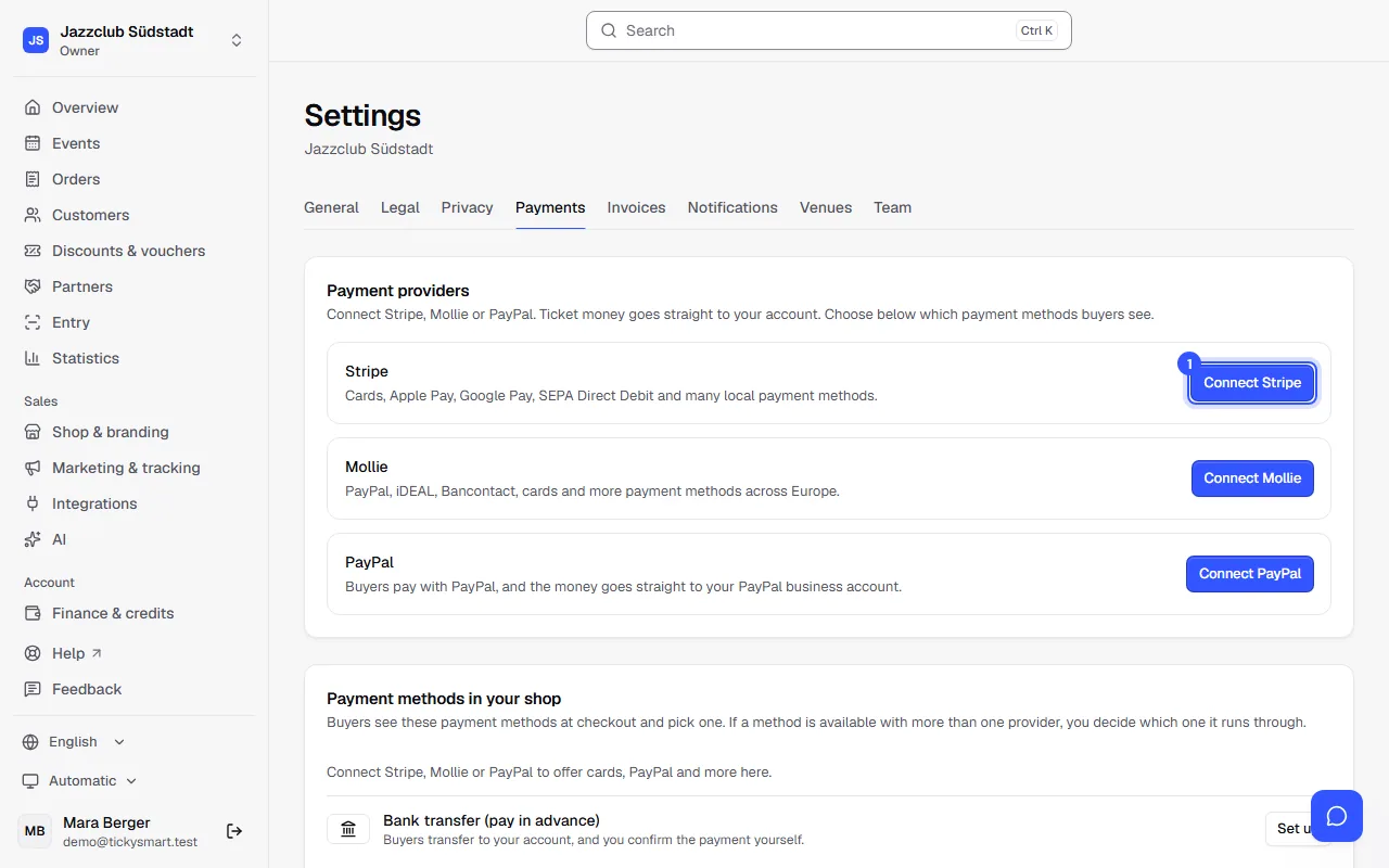Settings, Payments section, with the Connect Stripe, Connect Mollie and Connect PayPal buttons