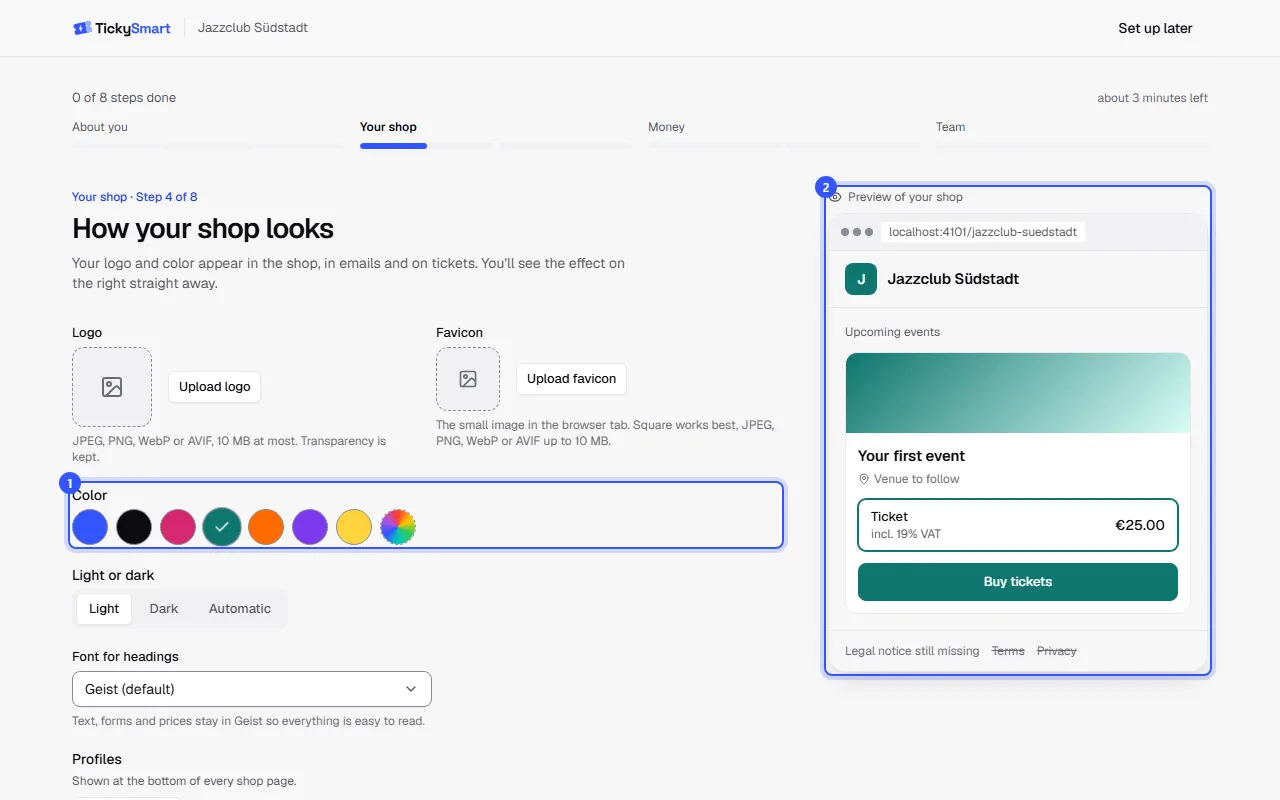 Logo and color step with the color picker, light or dark, and the shop preview in the chosen color