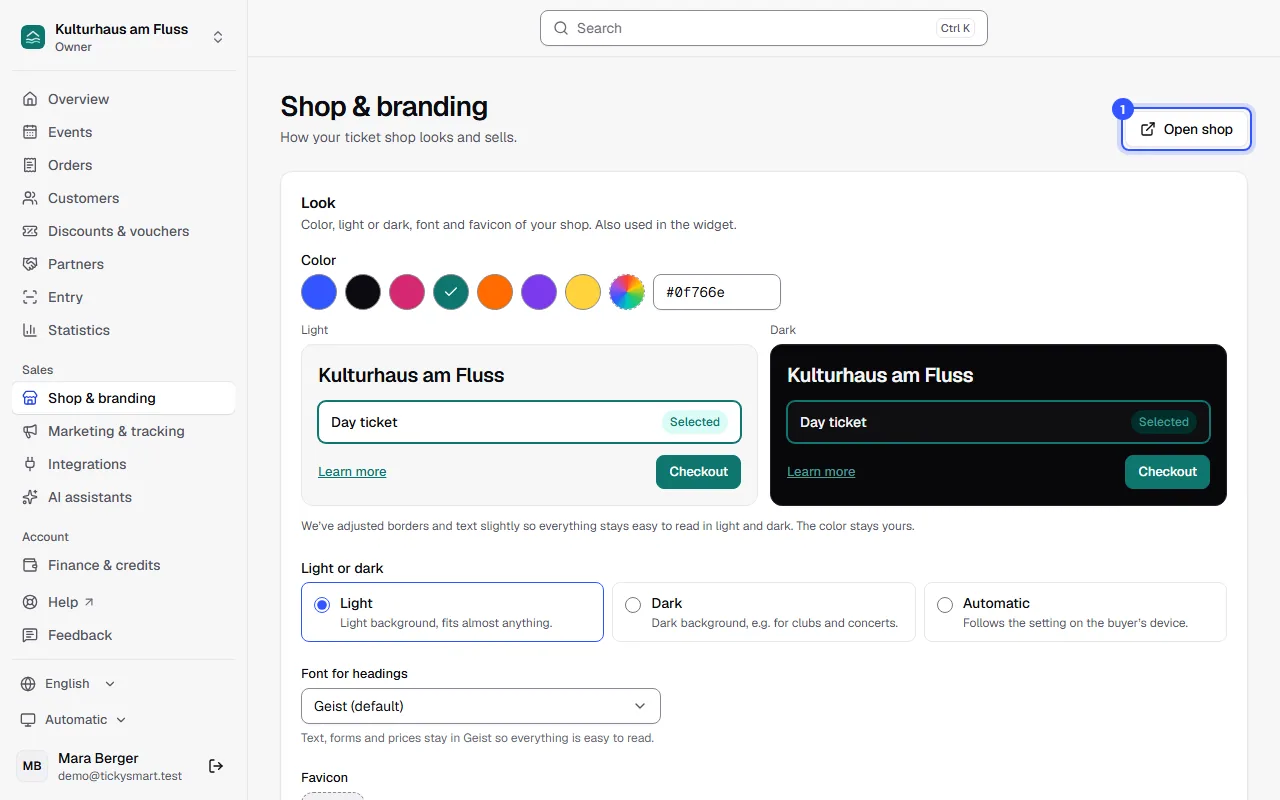 Shop and branding page with the Open shop button