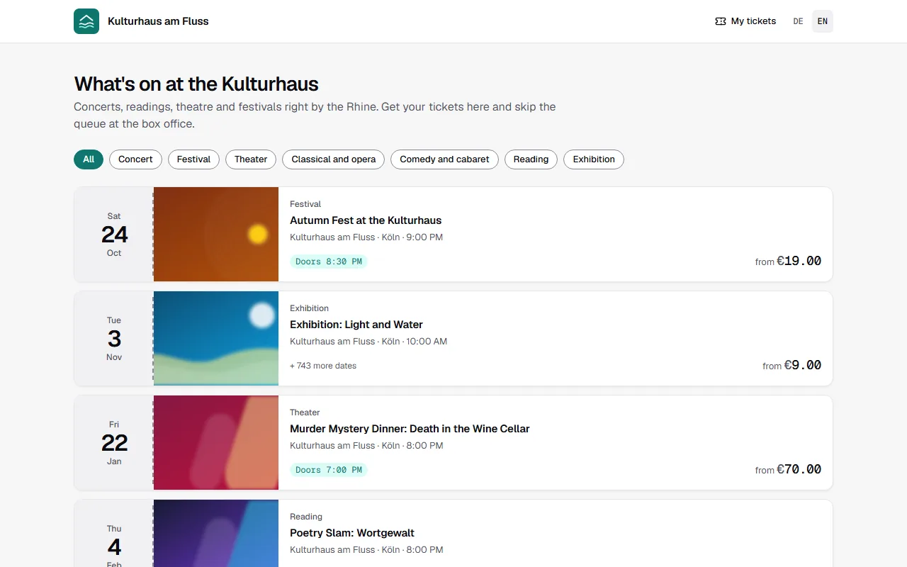 The Kulturhaus ticket shop with logo, categories and upcoming events