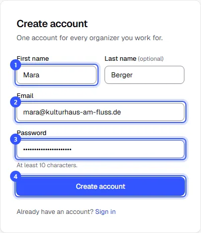 Sign-up form with first name, last name, email address, password and the Create account button