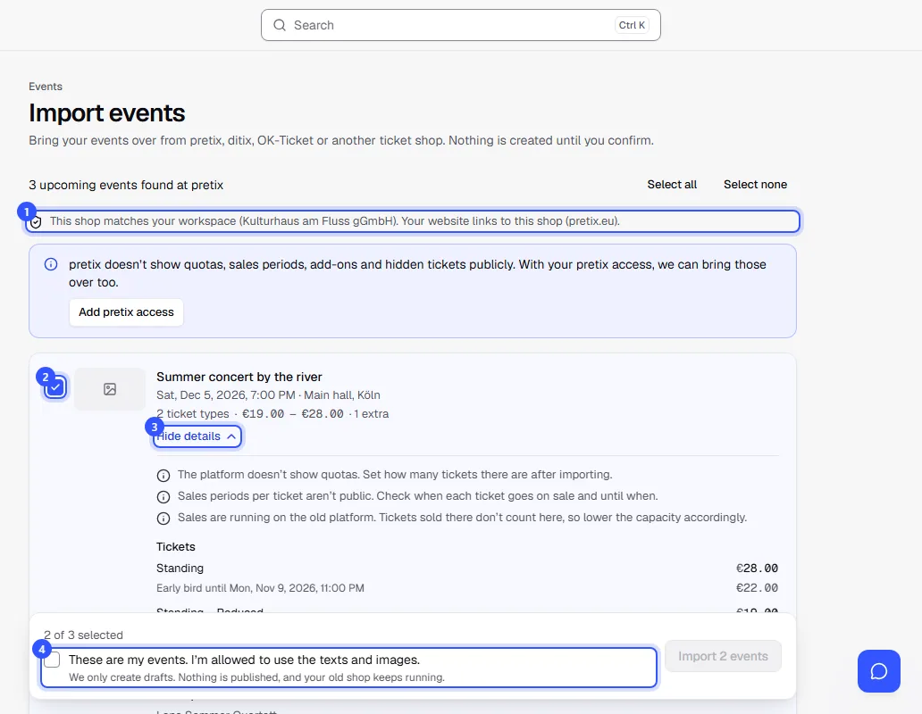 Preview with the events found, check boxes to select them, ticket types with prices and notes on what to check