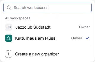 Open workspace switcher with a search field, two workspaces and the Create a new organizer entry