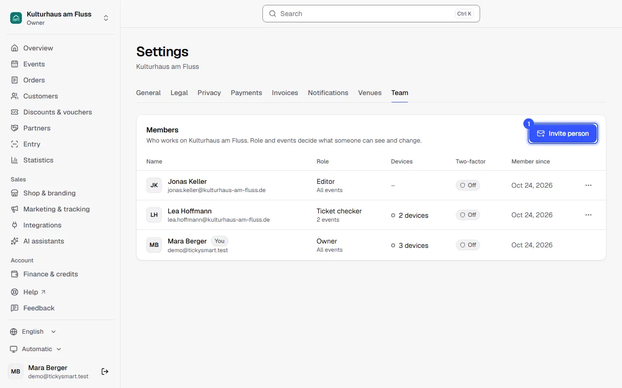 Team list with three members, their roles and events, how many devices they have and the Invite person button
