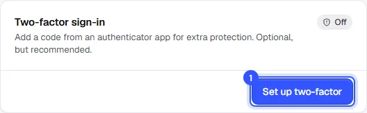 Two-factor sign-in section in the account, status Off, with the Set up two-factor button