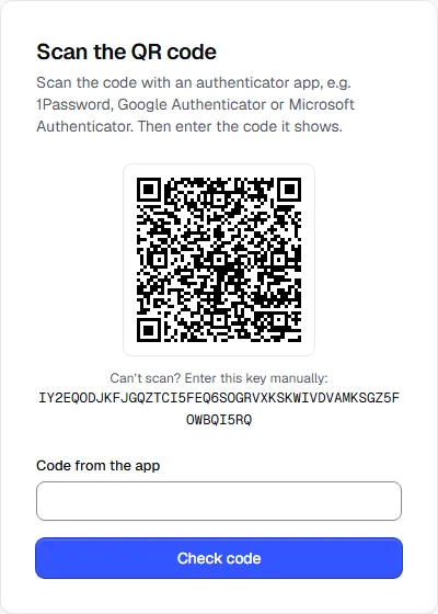 QR code to scan with the authenticator app, with the key to type in by hand and the field for the code below