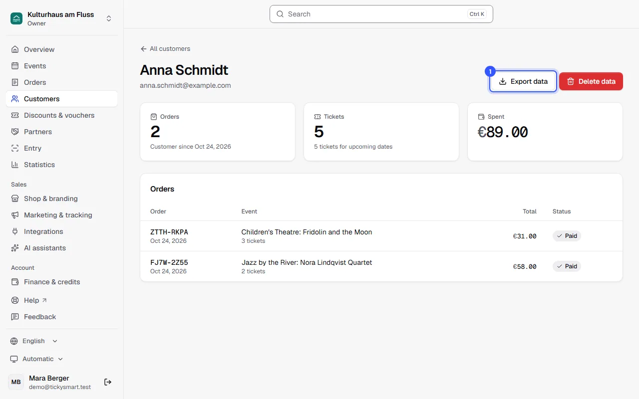 Customer with two orders, five tickets for upcoming dates and the Export data and Delete data buttons