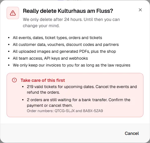 Really delete Kulturhaus am Fluss dialog pointing out valid tickets for upcoming dates and orders still waiting for a bank transfer