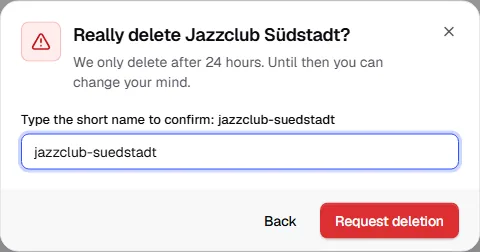 Second step of the deletion with the short name jazzclub-suedstadt typed in and the Request deletion button