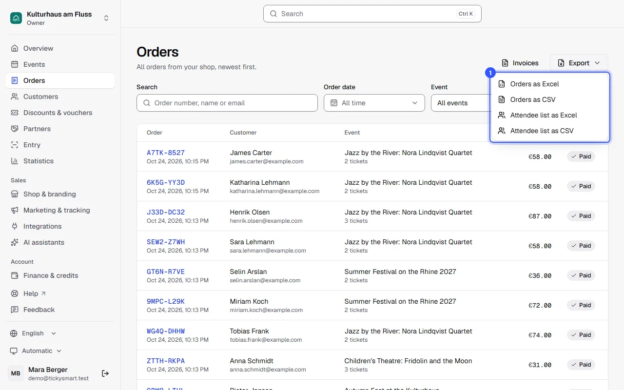 Orders with the Export menu open: orders as Excel or CSV and attendee list as Excel or CSV