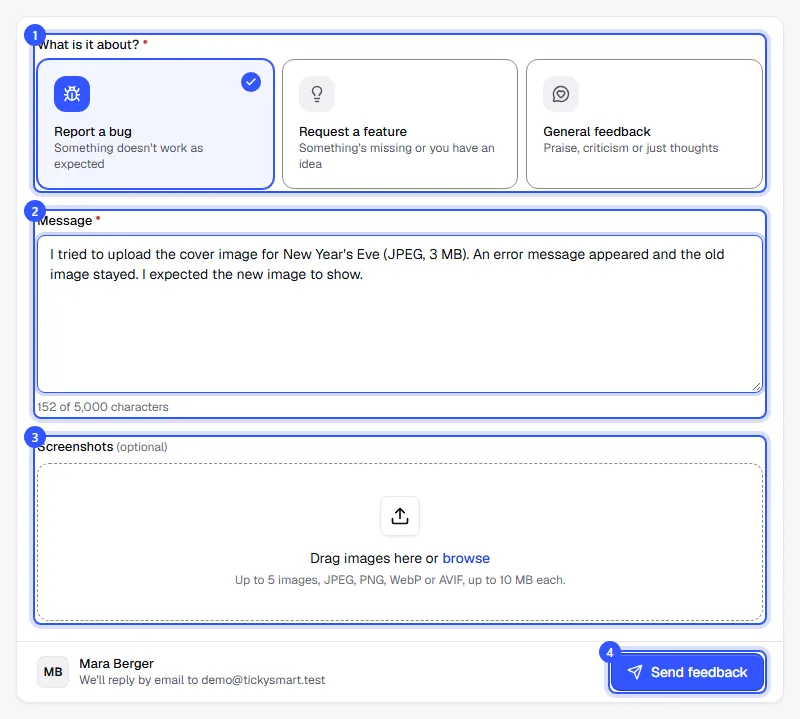 Feedback form with Report a bug selected, a message filled in, the box for screenshots and the Send feedback button