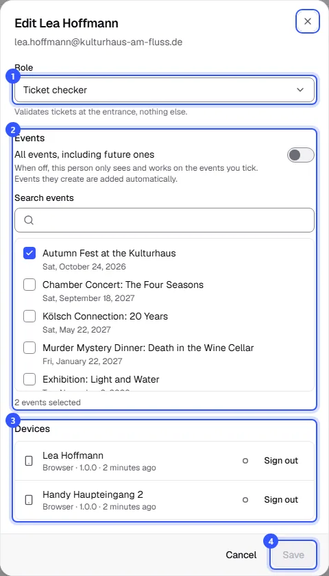Edit Lea Hoffmann dialog with the Ticket checker role, the list of events with the Autumn Fest ticked, 2 events selected, and her two signed-in devices