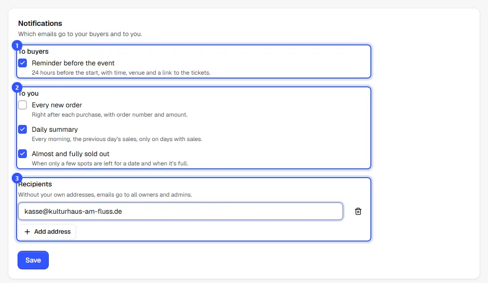 Notifications with the buyer reminder, three emails to you and one recipient address added