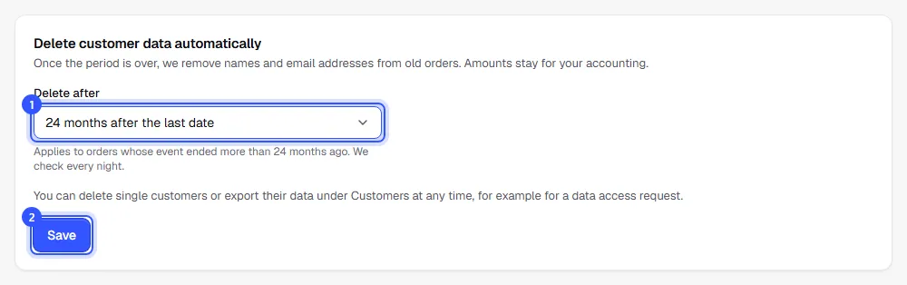 Settings, Privacy section, with Delete after set to 24 months after the last date and the Save button