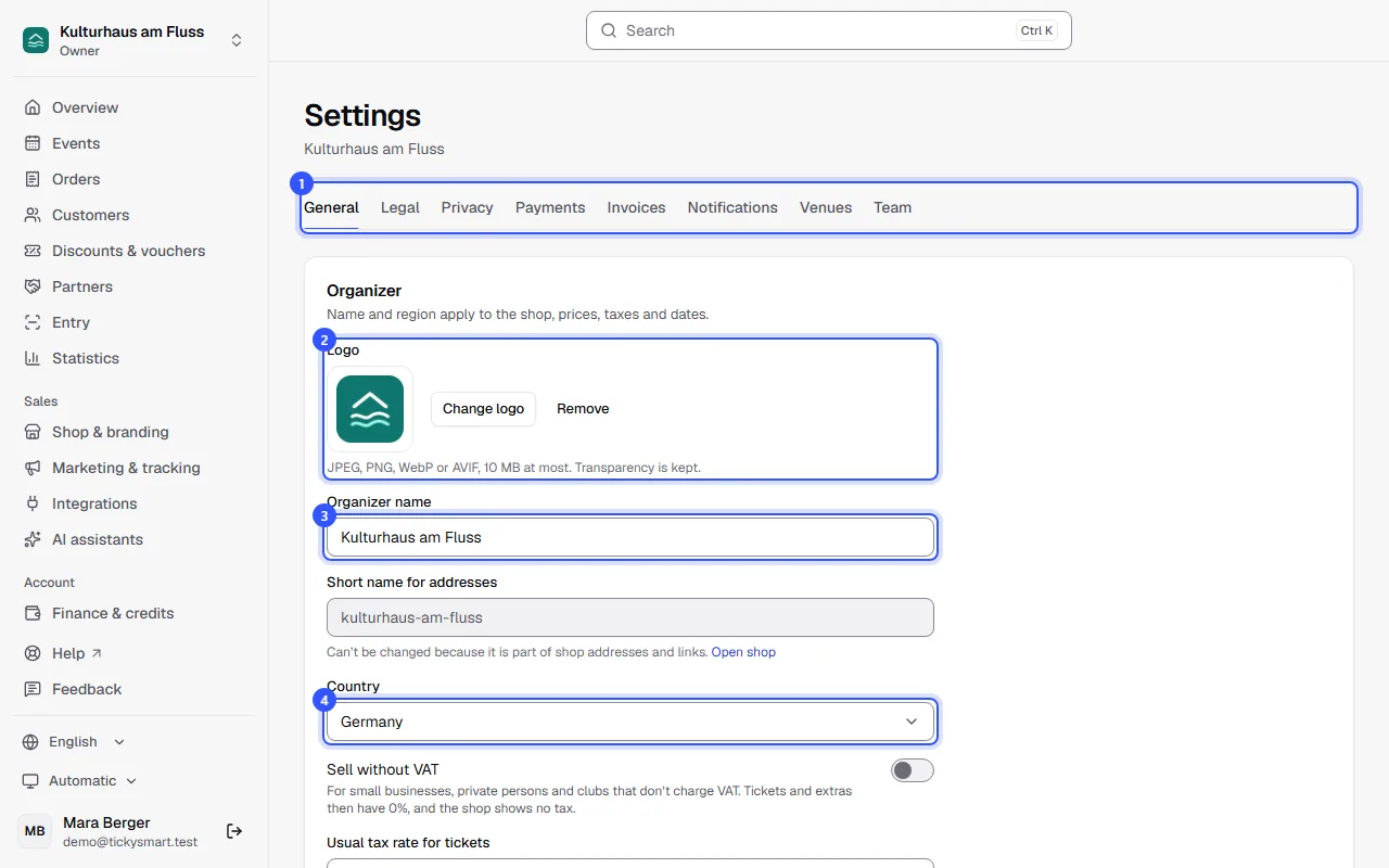 Settings with the areas at the top and the Organizer section with logo, name, short name and country
