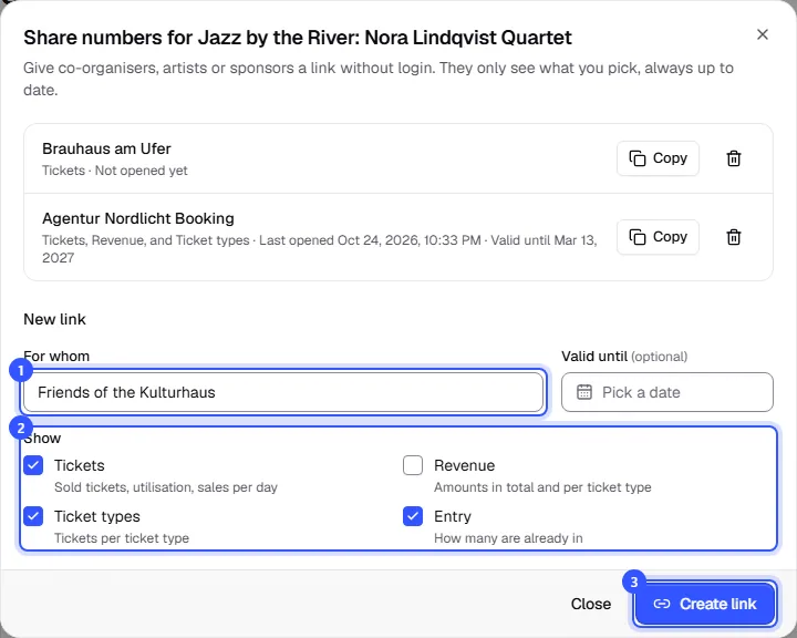 Share numbers dialog with two existing links, a new link for the Friends of the Kulturhaus and the Tickets, Ticket types and Entry sections