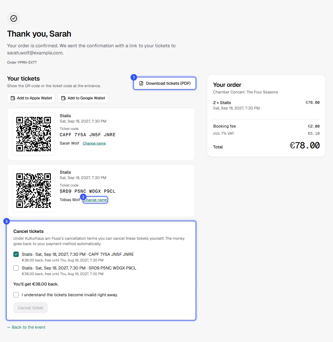 Order page in the shop with two tickets with QR code and names, the PDF and wallet buttons and the Cancel tickets section with one ticket selected