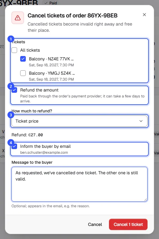 Cancel tickets dialog with one of two tickets selected, Refund the amount ticked, Ticket price chosen, the refund amount and a message to the buyer