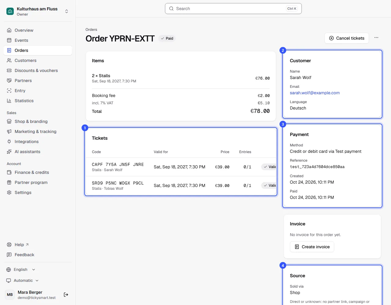 Order with lines and total, two tickets with code, date, price and entries, and on the right the Buyer, Payment and Source cards