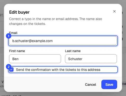 Edit buyer dialog with a changed email address, first and last name and the ticked box to send the confirmation to this address