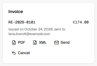 Invoice card on the order with number, amount, date and recipient, and the buttons PDF, XML, Send and Cancel