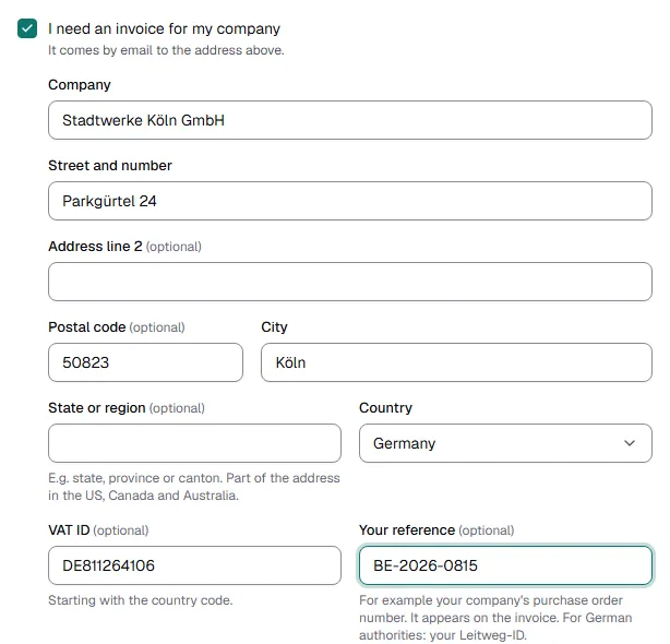 Shop checkout with the box I need an invoice for my company and the fields company, street, address line 2, postal code, city, region, country, VAT ID and reference
