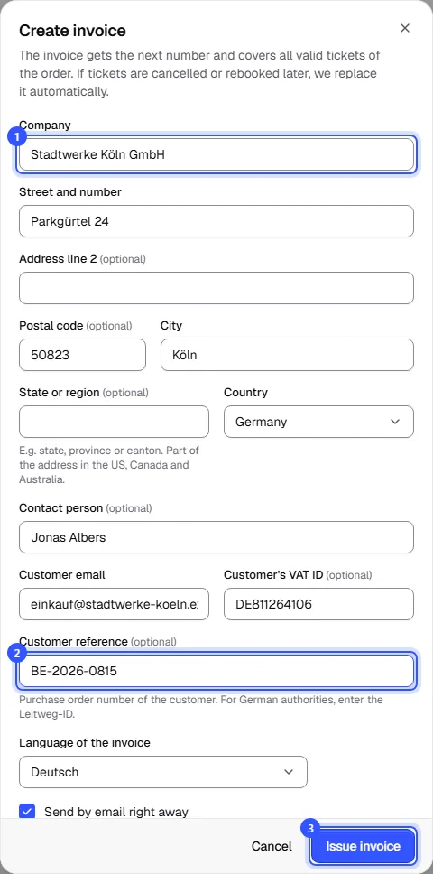 Create invoice dialog with company, address, contact person, email, VAT ID, customer reference, language and the box to send it