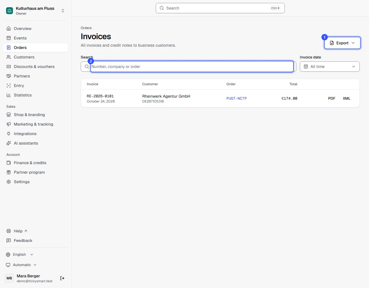 Invoices list with search, period, one invoice with number, date, customer, order and amount, and the Export button