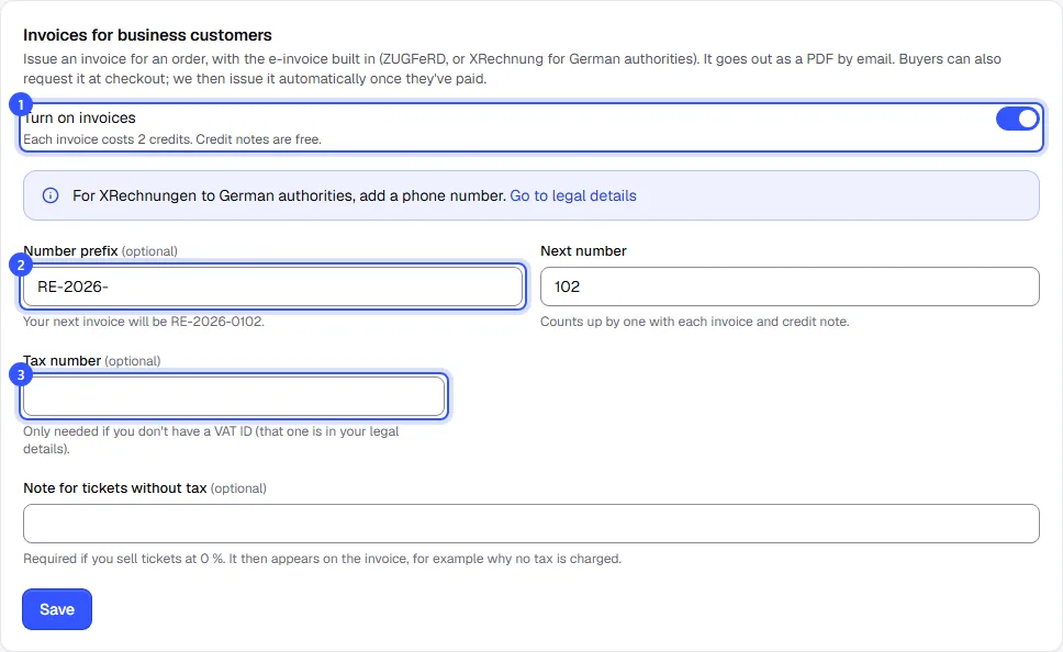 Invoice settings with the switch to turn them on, the price per invoice, number prefix and next number, and the tax number