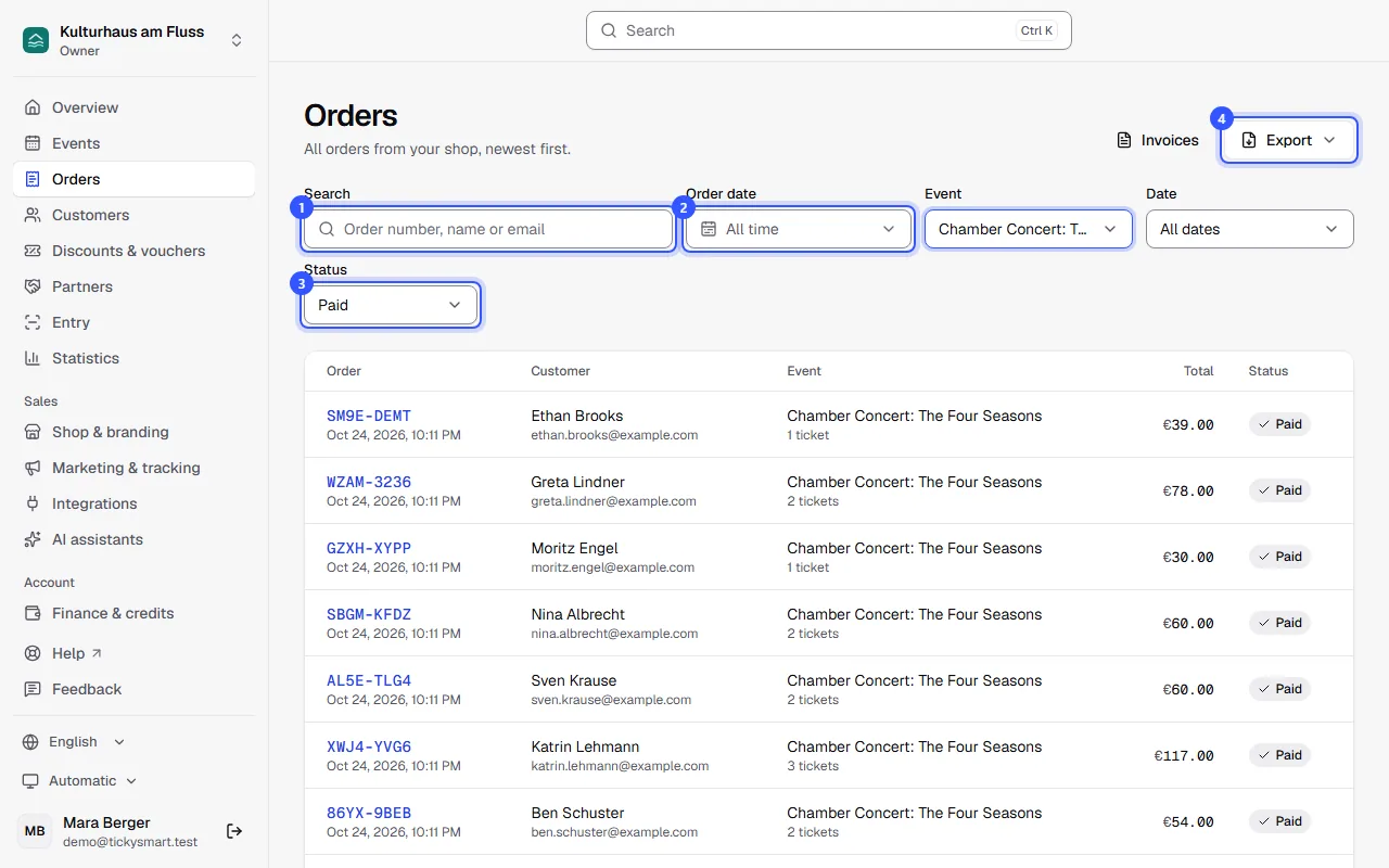 Order list filtered to one concert, with search field, filters for order date, event, date and status, the Export button and orders with buyer, number of tickets, total and status