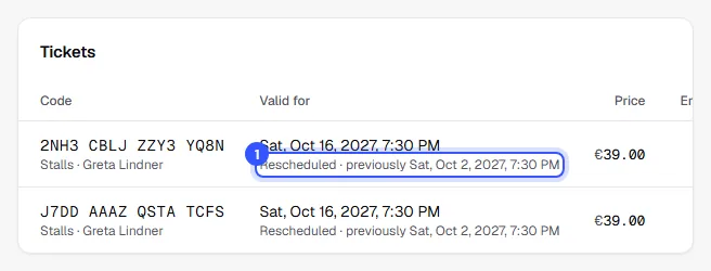 Tickets of an order with the new date and the note Rescheduled, previously on the old date, below it